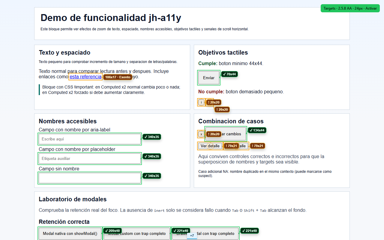 Revisión de objetivos táctiles con JH A11y tools